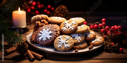 Christmas gingerbread with branch of green leaves and decorated red christmas balls and candles on the dark background Christmas cookies in various shapes and colors Ai Generative