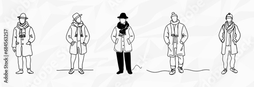 Winterliche Stilvielfalt: Bundle mit Vektorgrafiken von Lineart-Illustrationen von Männern in Winterkleidung