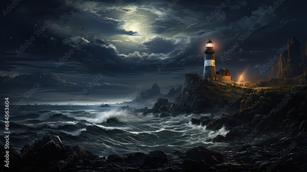Lighthouse on Rocky Coastline at Night