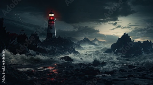 Lighthouse on Rocky Coastline at Night