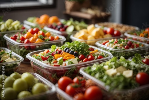 Close-up of healthy vegetarian food in containers. A lot of vegetables, fruits, herbs, dishes on the table. Delivering a balanced nutrition concept. photo