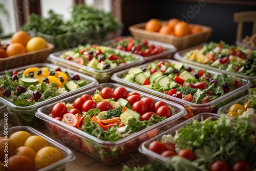Close-up of healthy food in containers. A lot of vegetables, fruits, berries, herbs, dishes on the table. Delivery of balanced nutrition concept, sale of ready-to-eat concept. photo