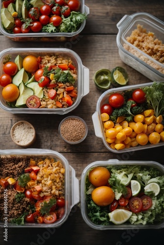 Top view of healthy vegetarian food in containers. A lot of vegetables tomatoes, avocados, cucumbers, eggs, meat, fruits, herbs, nuts, dishes on the table. Delivering a balanced nutrition concept.