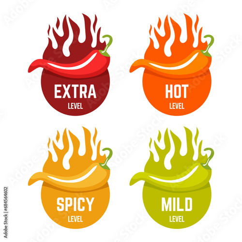Hot spicy level labels of vector chili. Spicy food or sauce taste scale indicators, green, red, yellow and orange rating signs for hot, extra and mild taste