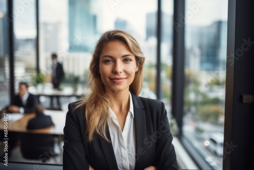 Business woman exectutive looking away while standing in office, holding coffee cup. Corporate images with women as ceo