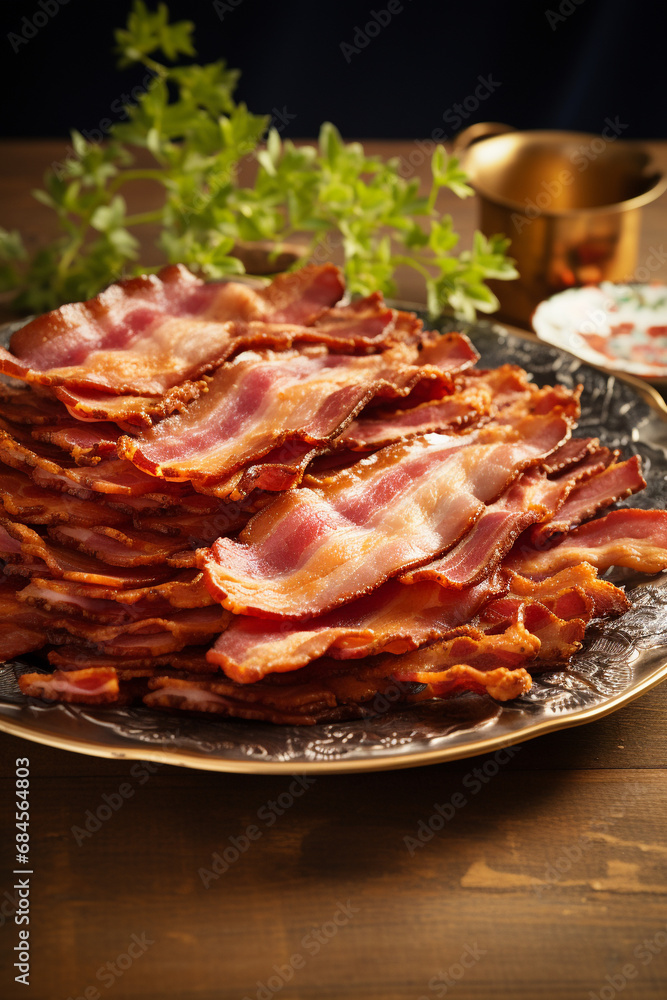 Sizzling Delight: Turkey Bacon Arranged on a Serving Plate Sizzling Delight: Turkey Bacon Arranged on a Serving Plate