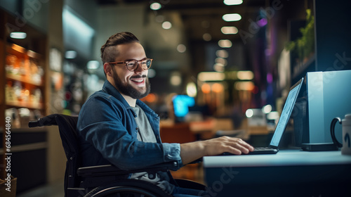 Happy Man In Wheelchair Working On Laptop Computer