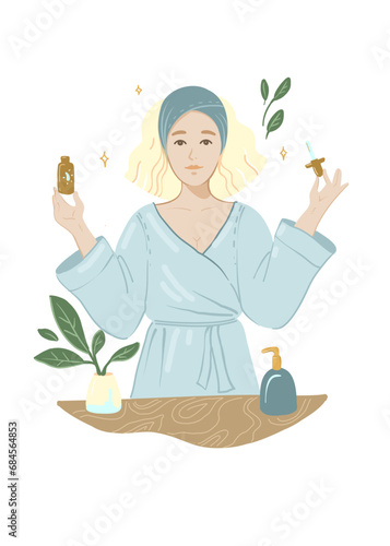 Woman applying moisturizing oil on face skin. Eco natural facial skincare essence. Girl with liquid moisturizer, beauty care product. Flat graphic vector illustration isolated on white background
