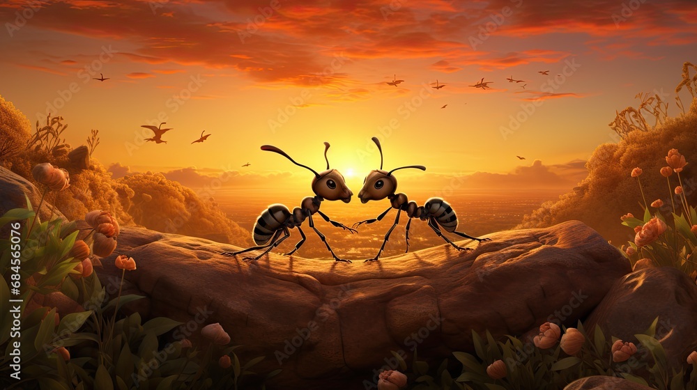 Ants in the countryside under sunset