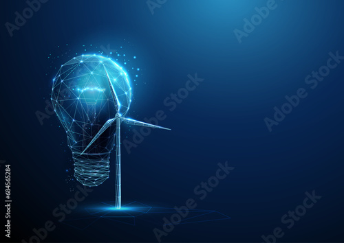 Abstract blue glowing light bulb near the wind turbine inside. Renewable power generation. Green energy concept Low poly