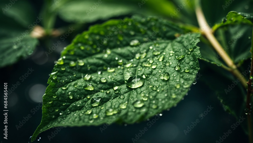 Large beautiful drops of transparent rain water on a green leaf,which reflects the sprout, cinematic lighting, impeccable detail. ai generated Large beautiful drops of transparent rain water on a green leaf,which reflects the sprout, cinematic lighting, impeccable detail. ai generated