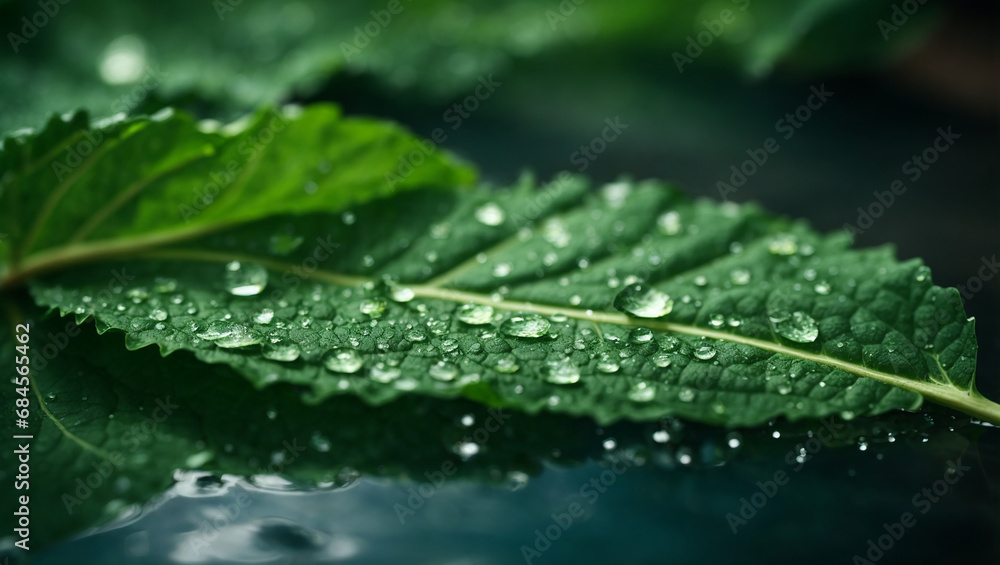 Large beautiful drops of transparent rain water on a green leaf,which reflects the sprout, cinematic lighting, impeccable detail. ai generated Large beautiful drops of transparent rain water on a green leaf,which reflects the sprout, cinematic lighting, impeccable detail. ai generated