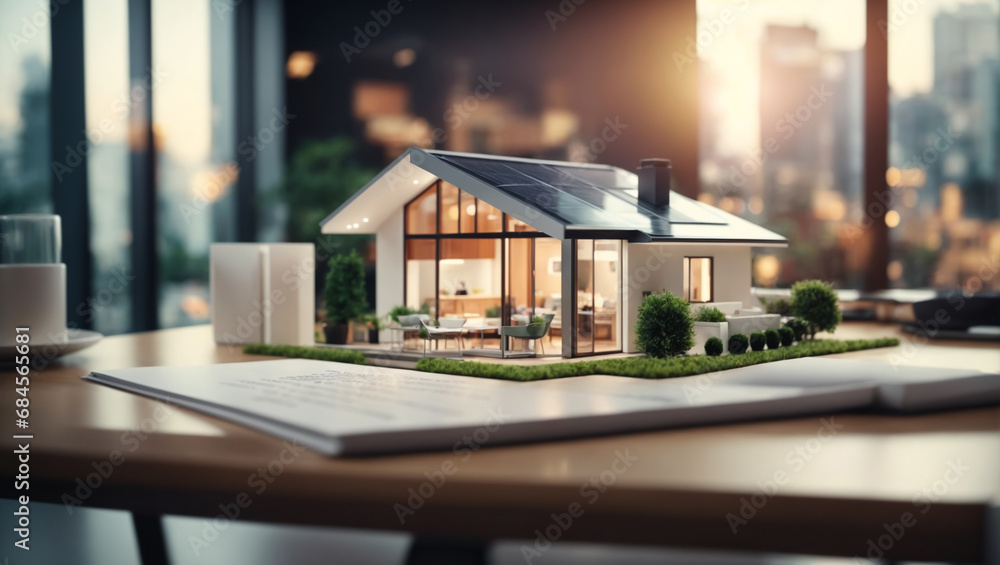 model of a small living house on a table in a real estate agency,New home, business, investment and real estate concept,blurry background. ai generative - obrazy, fototapety, plakaty 