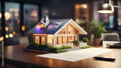 Modern house on the taple with blurry background,house selection, minimalist house, perspective view. ai generative