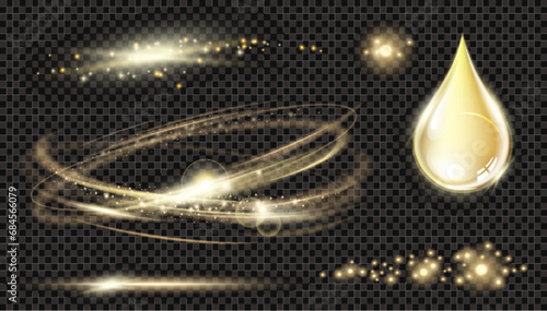 Vector circle light effect with sparkles and  horizontal les flares pack. Golden light flares and laser beams on dark background. Abstract sparkling lines and stars
