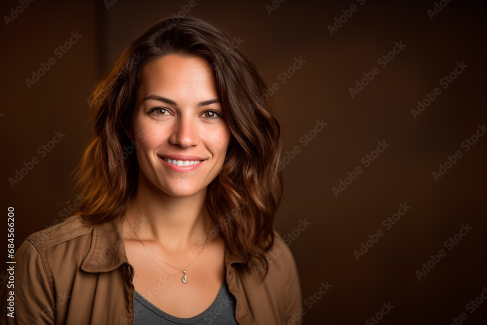 smiling European woman in her 30s. brown background smiling European woman in her 30s. brown background