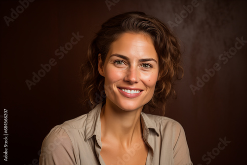  smiling European woman in her 30s. brown background