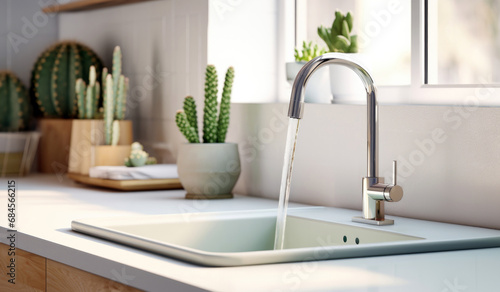 Kitchen sink with water running from the tap , large window, natural sunbeam and several cacti in pots on the counter. High quality photo photo