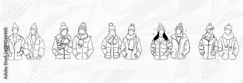 Winterliche Freundschaft: Bundle mit Vektorgrafiken von Lineart-Illustrationen von zwei befreundeten Frauen in Winterkleidung