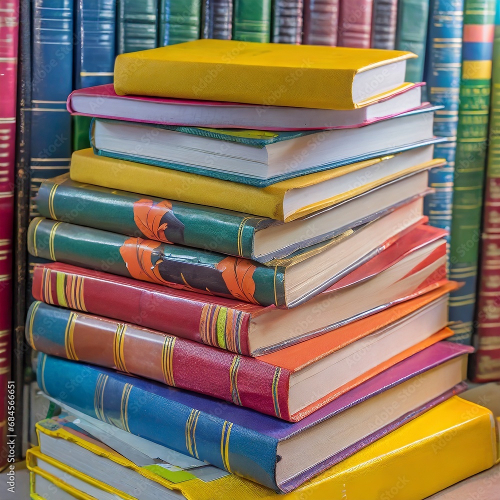 A stack of colorful books, neatly piled one on top of the other. Each book has a unique, eye-catching cover. A stack of colorful books, neatly piled one on top of the other. Each book has a unique, eye-catching cover.