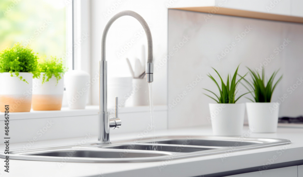 Kitchen faucet and sink in the modern kitchen with green plant. High quality photo Kitchen faucet and sink in the modern kitchen with green plant. High quality photo