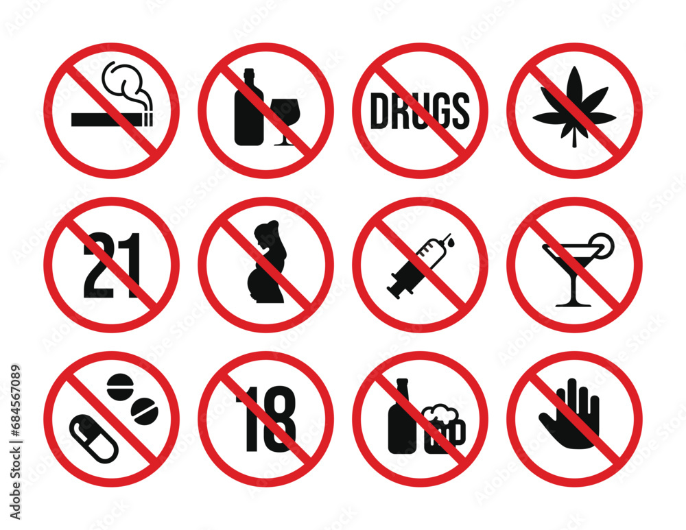 Prohibition drugs and alcohol symbol set vector. No drugs and alcohol sign symbol set vector Prohibition drugs and alcohol symbol set vector. No drugs and alcohol sign symbol set vector