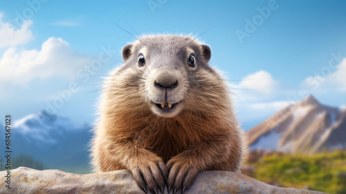 A cute fluffy marmot crawled out of its hole among the mountains and rocks on a sunny spring day. © ALA