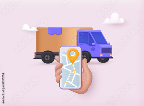 Hand holding phone with tracking delivery app. Online delivery service concept, online order tracking, delivery home and office. 3D web Vector Illustrations.