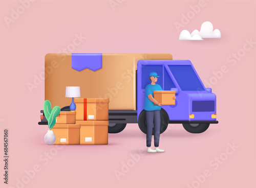 Delivery man and track. Online delivery service concept, online order tracking, delivery home and office. Moving truck and cardboard boxes. Moving House. Transport company. 3D web Vector Illustrations