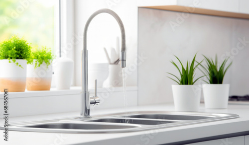 Kitchen faucet and sink in the modern kitchen with green plant. High quality photo