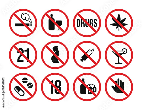 Prohibition drugs and alcohol symbol set vector. No drugs and alcohol sign symbol set vector