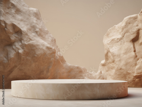 Empty round marble platform centered between rugged rocks with beige background. High quality photo