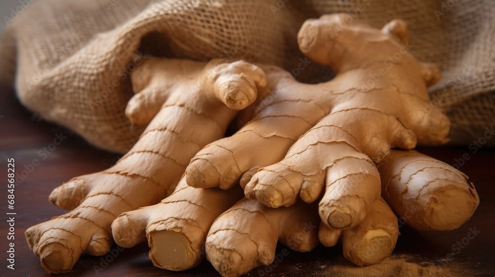 Fototapeta premium Close-up stock image of a vibrant, knobby ginger root with intricate details, fine lines, and wrinkles. The pale yellowish-brown skin and earthy tones highlight its natural form