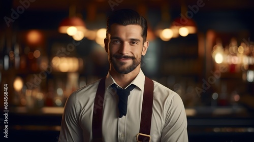 Portrait of a bartender against bar atmosphere background with space for text, background image, AI generated
