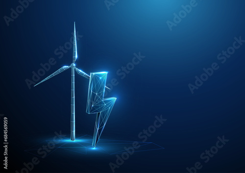 Abstract blue glowing lightning near the wind turbine. Renewable power generation. Green energy concept. Low poly style