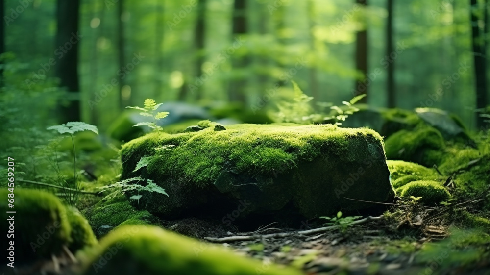 A stone covered with green moss in the forest. Beautiful Bright Green moss grown up cover the stones and on the floor in the forest. Product display mockup