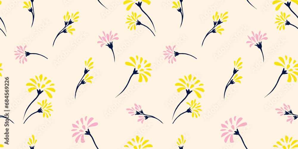 Seamless pattern with vector hand drawn minimalist, abstract, simple flower. Cute gently light background. Template for design, fashion, textile, fabric, wallpaper, surface design.