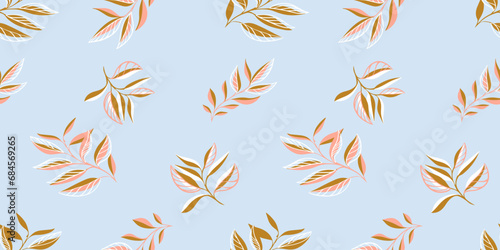 Seamless abstract, tropical tiny stem leaves scattered randomly on a light blue background. Vector hand drawn sketch leaf branches. Template for textile, fashion, print, surface design, fabric
