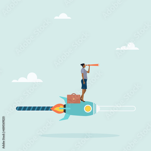 Process, Progress, Loading speed. Effort to complete a job or achieve business success, achievement. A girl rides a rocket looking forward. Vector illustration. 