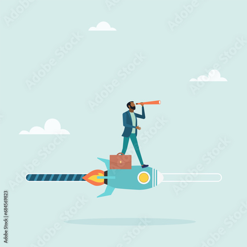 Process, Progress, Loading speed. Effort to complete a job or achieve business success, achievement. The guy rides a rocket looking forward. Vector illustration.
