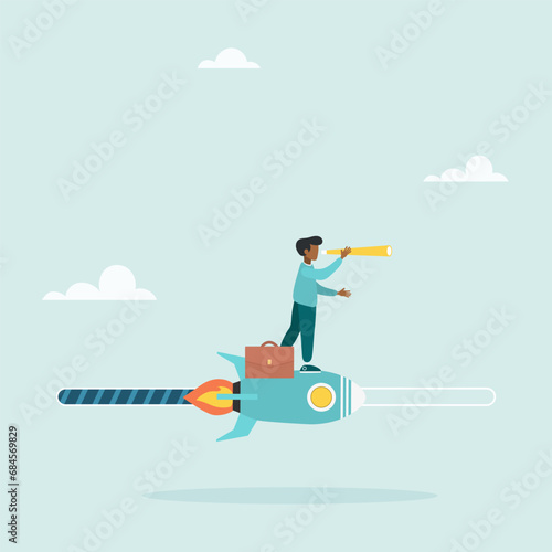 Process, Progress, Loading speed. Effort to complete a job or achieve business success, achievement. The guy rides a rocket looking forward. Vector illustration.  © STANISLAV