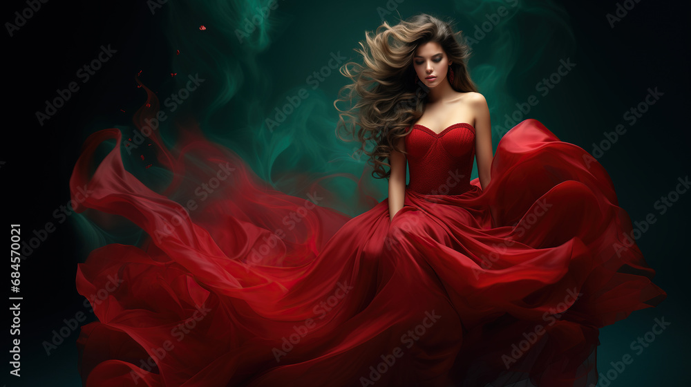 A Captivating Vision of Elegance and Grace: The Enchanting Woman in the Flowing Red Dress. Fashion Style Cover Magazine and Wallpaper