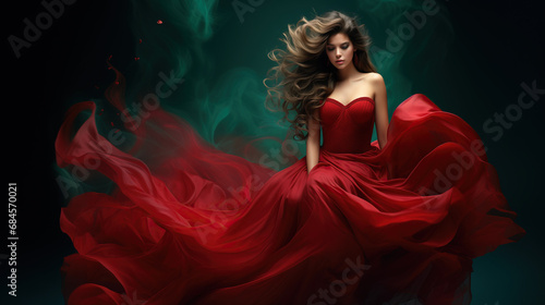 A Captivating Vision of Elegance and Grace: The Enchanting Woman in the Flowing Red Dress. Fashion Style Cover Magazine and Wallpaper