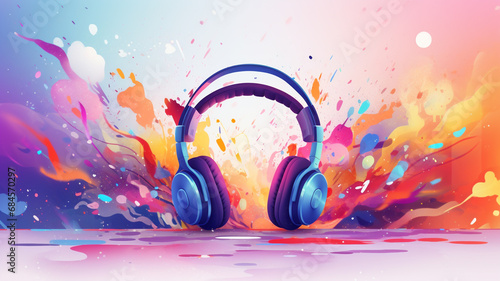 World music day banner with headset headphones  on abstract colorful