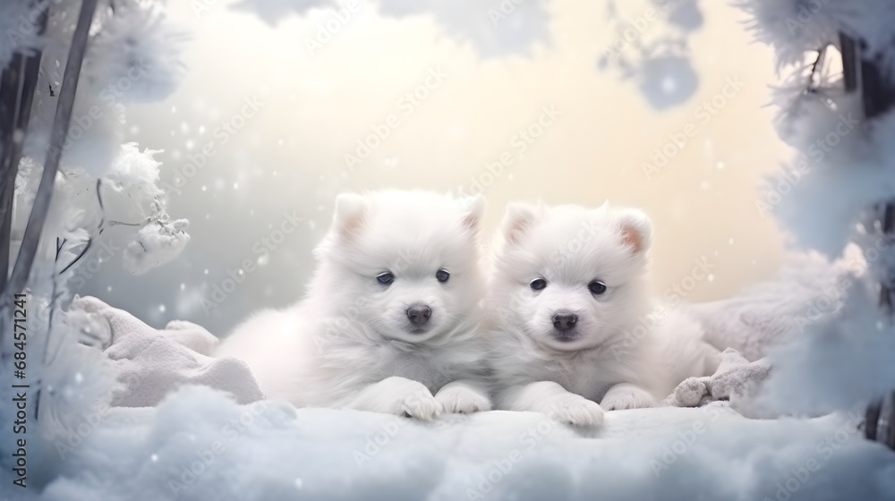 Fototapeta premium Winter background puppies frame art with space for text, background image, AI generated