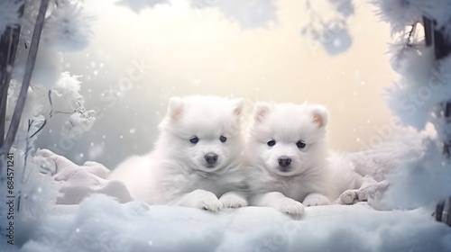 Winter background puppies frame art with space for text  background image  AI generated
