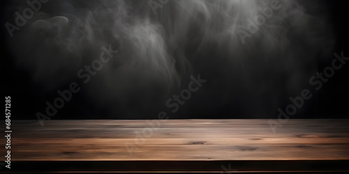 empty wooden table with smoke float up on dark background Empty Space for display your products
