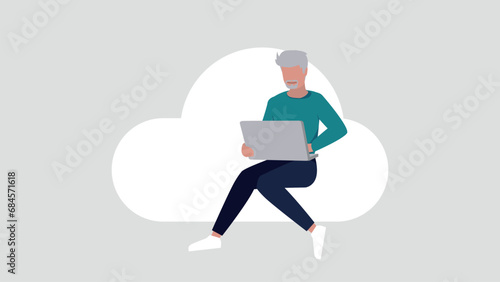 Relaxed woman sitting on a cloud doing secure log in - cloud cincept