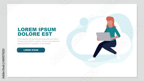 Relaxed woman sitting on a cloud doing secure log in - cloud cincept