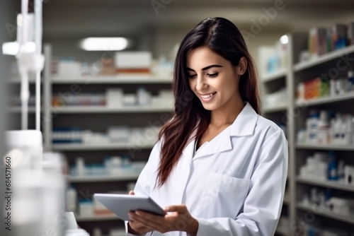  Beautiful Pharmacist Uses Digital Tablet Computer, Checks Inventory of Medicine, Drugs, Vitamins, Health Care Products on a Shelf. The pharmacist selects medicines according to the client's prescrip